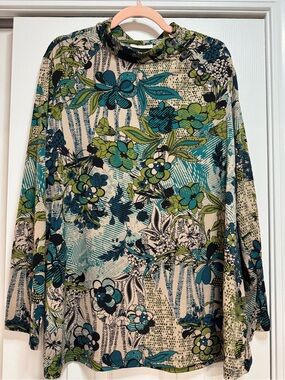 Susan Graver Teal, Aqua & Green Floral Blouse